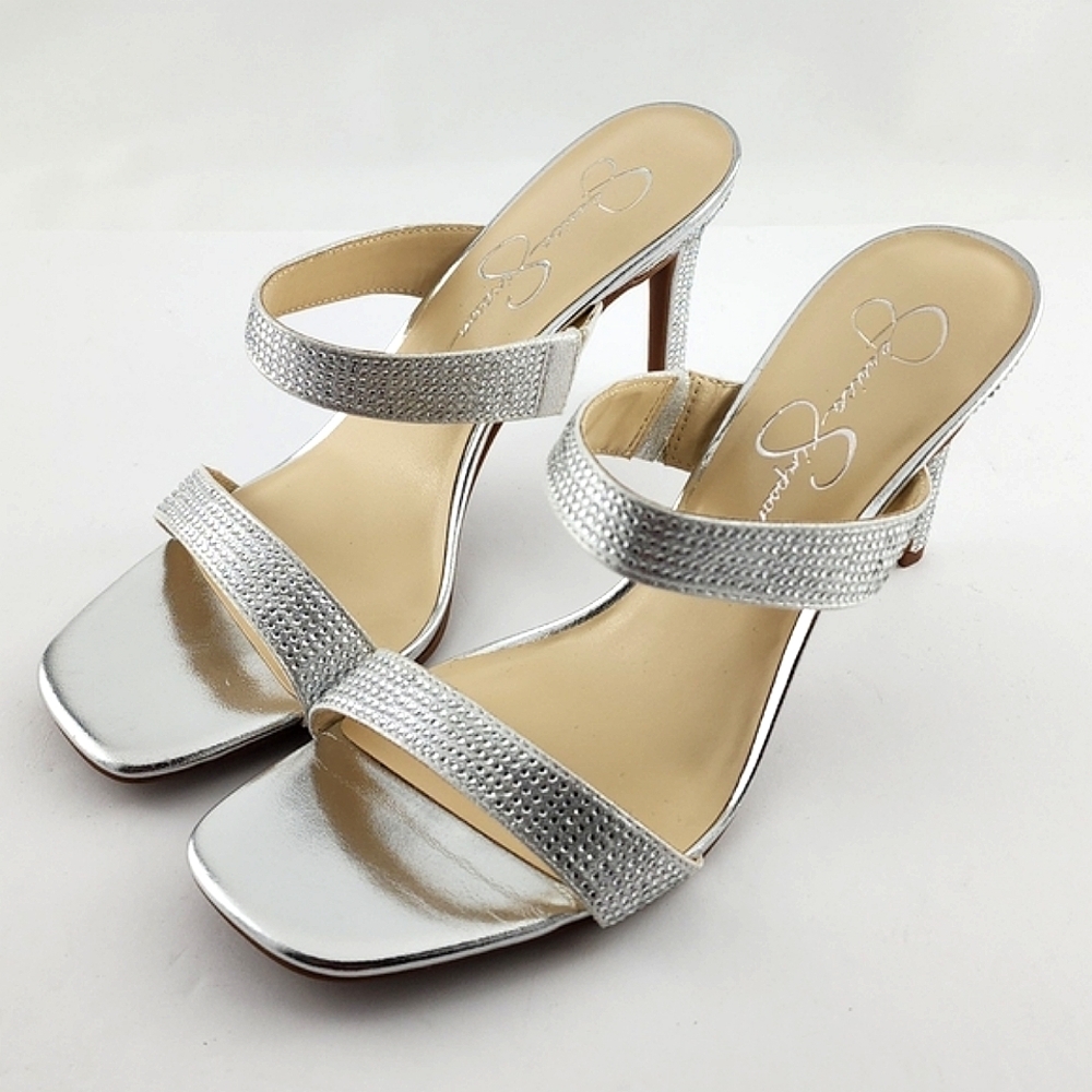 Jessica Simpson Women Silver Rhinestone Double Strap Slip On High Heel Sandal 9M - Picture 3 of 16